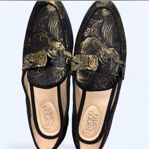 Franco Sarto Black with Gold Brocade Loafers